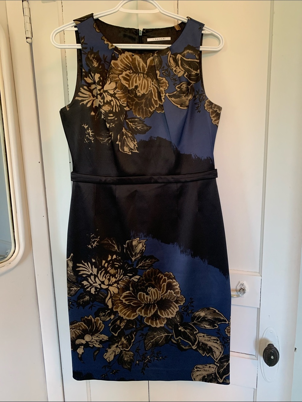 Tahari ASL Navy, Black and Gold Floral Dress